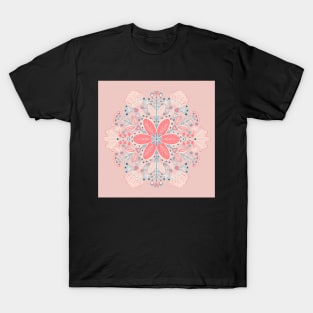 Pastel Blue, Pink and Red Mandala Snowflake Pattern T-Shirt